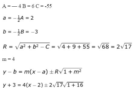 y + 2 = 3x — 12 ± 50
y = 3x — 14 ± 50
y = 3x — 14 + 50 atau y = 3x — 14 — 50
y = 3x + 36 atau y = 3x — 64
